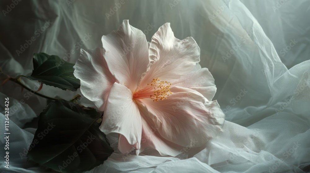 Delicate cotton rose Hibiscus flower illuminated by natural light on soft fabric backdrop Delicate cotton rose Hibiscus flower illuminated by natural light on soft fabric backdrop