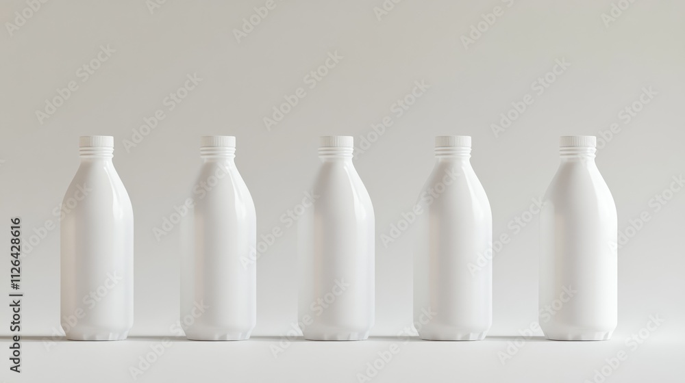 Group of five white PET bottle preforms arranged in a row against a neutral background, showcasing their smooth surfaces and cylindrical shapes, packaging, manufacturing, plastic industry. Group of five white PET bottle preforms arranged in a row against a neutral background, showcasing their smooth surfaces and cylindrical shapes, packaging, manufacturing, plastic industry.