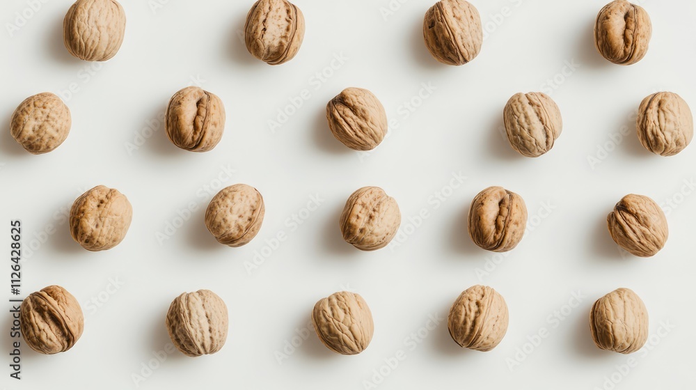 Walnuts arranged neatly on a white background showcasing their natural textures and patterns in a minimalist design. Walnuts arranged neatly on a white background showcasing their natural textures and patterns in a minimalist design.