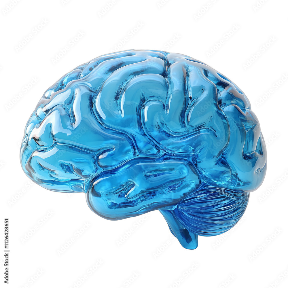 A blue brain with a clear plastic shell. The brain is shown in a 3D view A blue brain with a clear plastic shell. The brain is shown in a 3D view