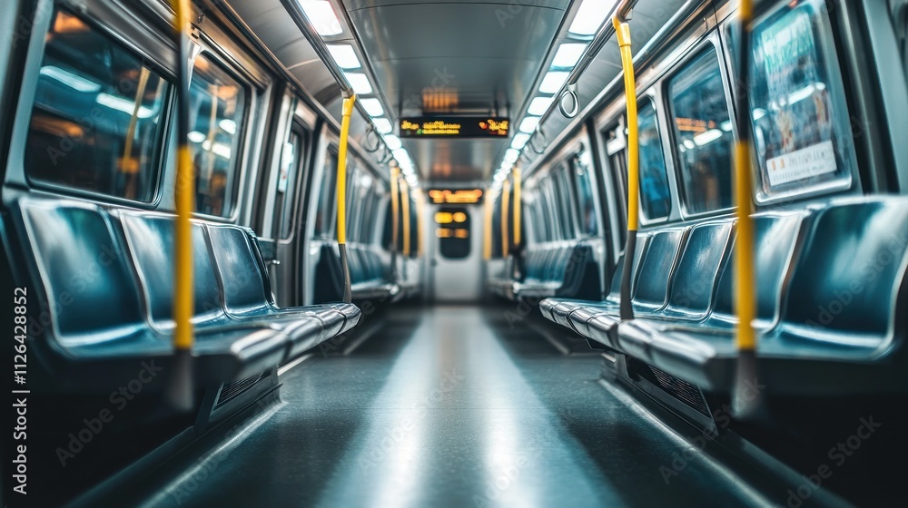 Fototapeta premium A quiet subway train interior with empty seats and overhead displays.