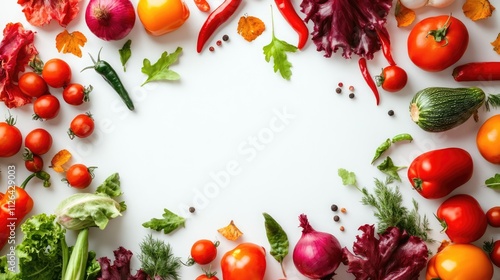 Colorful arrangement of fresh red and orange vegetables surrounded by spices and herbs on white background emphasizing organic produce.
