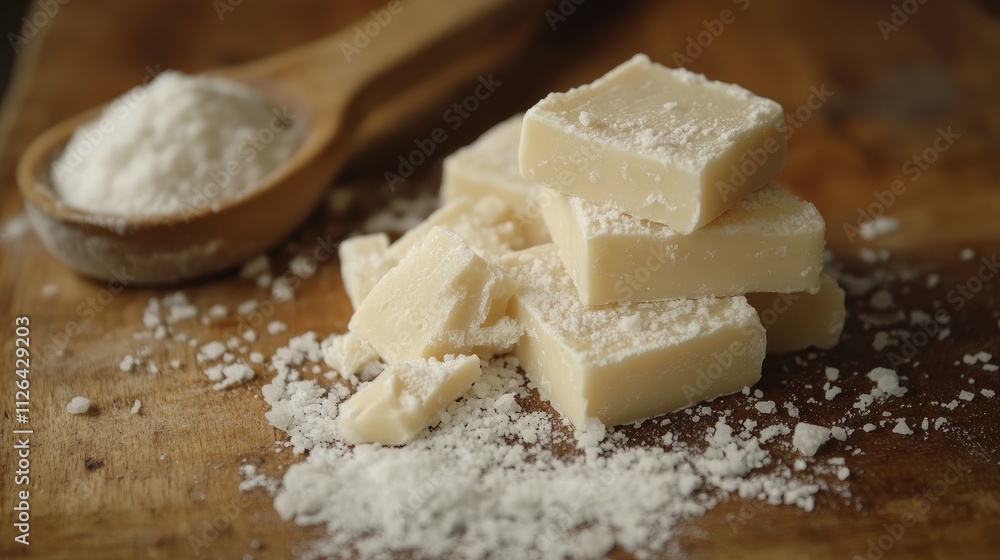 Natural sea salt beside handmade soap bars on a rustic wooden surface showcasing organic skincare ingredients. Natural sea salt beside handmade soap bars on a rustic wooden surface showcasing organic skincare ingredients.