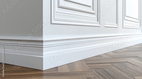 Installation of elegant skirting boards against a stylish wood floor enhancing interior design aesthetics photo