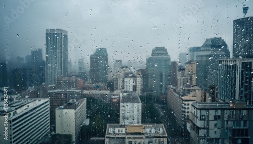 Urban Cityscape with Rain Droplets on Glass Capturing Rooftops and Skyscrapers