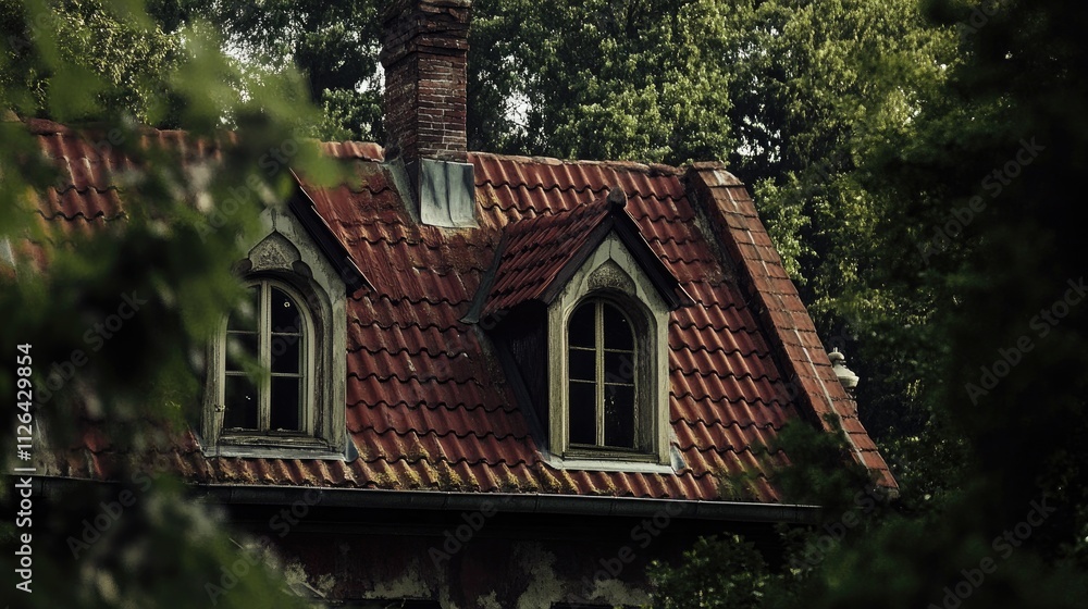 Tiled roof featuring warm dormer windows in rich dark red surrounded by lush greenery and a vintage chimney detail Tiled roof featuring warm dormer windows in rich dark red surrounded by lush greenery and a vintage chimney detail
