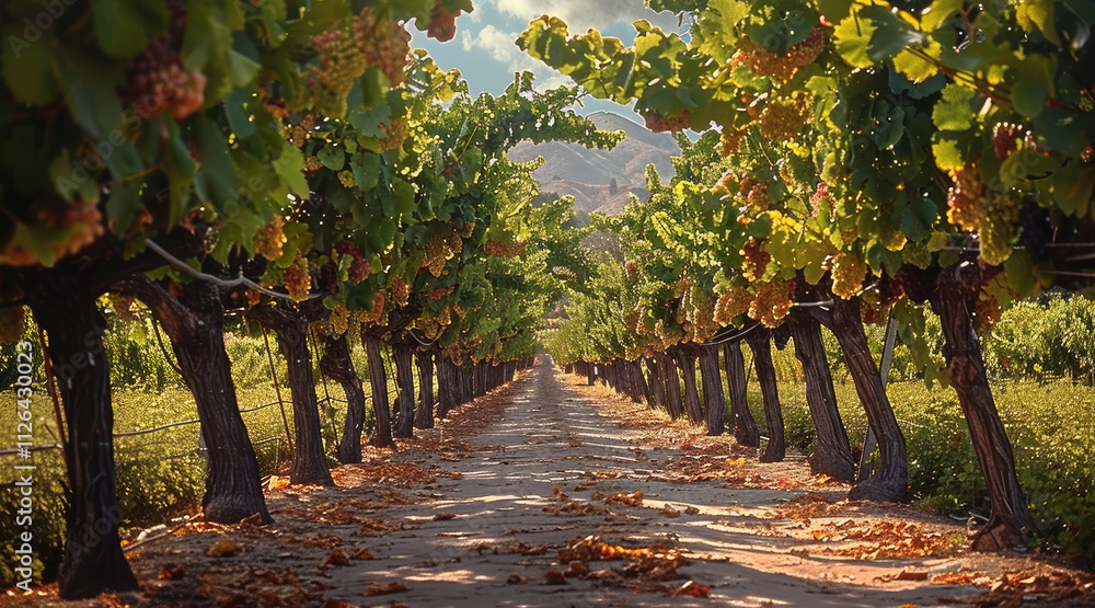 Beautiful alley in a small vineyard that have grape trees on both sides. Beautiful alley in a small vineyard that have grape trees on both sides.