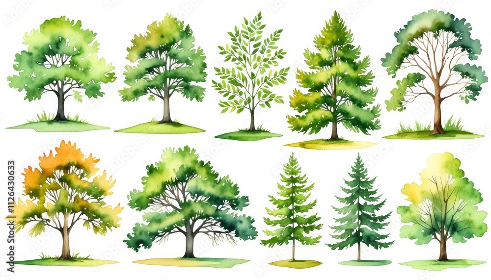 Fototapeta premium Watercolor trees collection: lush greenery and nature art