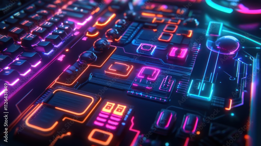 A vibrant, illuminated circuit board showcasing technology and digital design elements. A vibrant, illuminated circuit board showcasing technology and digital design elements.