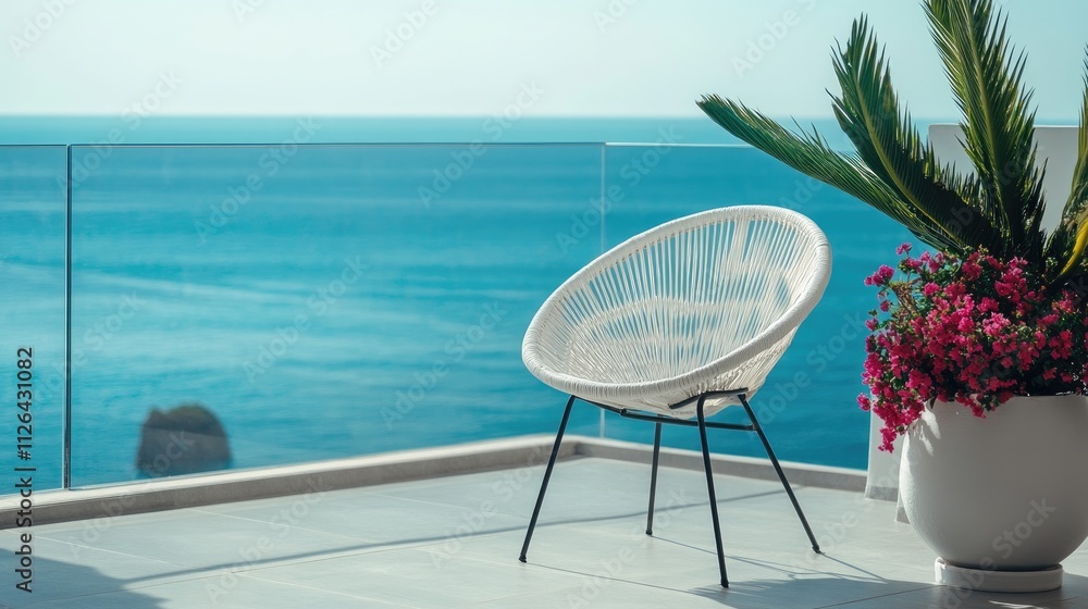 Obraz premium Cozy white chair on hotel balcony with stunning sea view surrounded by potted plants and vibrant flowers for a serene atmosphere.