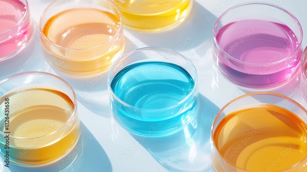 Colorful serums in petri dishes on a bright surface showcasing cosmetic research concept with ample space for text and creative use. Colorful serums in petri dishes on a bright surface showcasing cosmetic research concept with ample space for text and creative use.