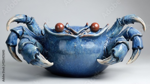 Artistic blue ceramic pot shaped like a crab, featuring detailed claws and eyes, showcasing craftsmanship and unique design, pottery, home decor, whimsical art piece, decorative object. photo