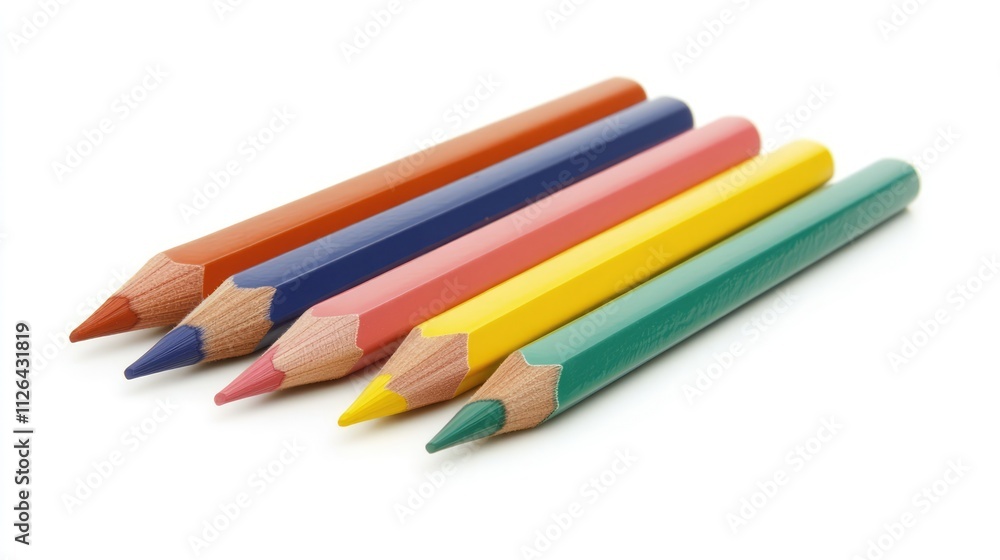 Vibrant colored pencils arranged against a clean white background ideal for creative projects and text placement Vibrant colored pencils arranged against a clean white background ideal for creative projects and text placement