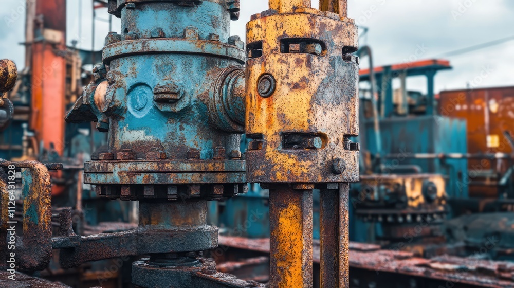 Rusty industrial drilling equipment in an abandoned site showcasing vintage mechanical engineering and weathered metal textures. Rusty industrial drilling equipment in an abandoned site showcasing vintage mechanical engineering and weathered metal textures.