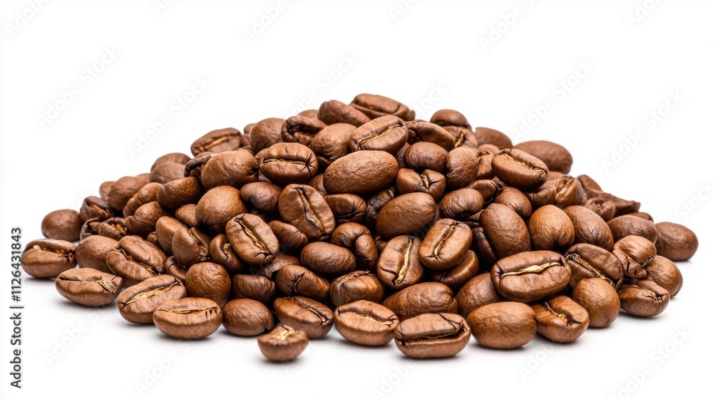 A photostock of scattered roasted coffee beans on a bright white background, highlighting rich textures and colors, ideal for caffeine and coffee-related themes. High Quality A photostock of scattered roasted coffee beans on a bright white background, highlighting rich textures and colors, ideal for caffeine and coffee-related themes. High Quality