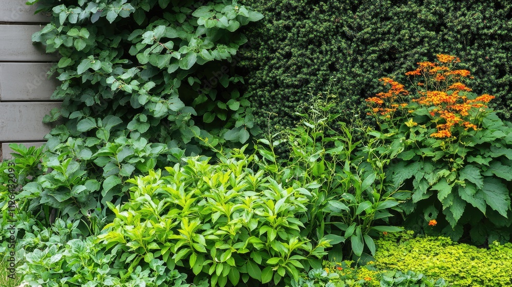 Lush green plants and vibrant flowers enhance the natural beauty of a well-maintained front yard garden setting. Lush green plants and vibrant flowers enhance the natural beauty of a well-maintained front yard garden setting.