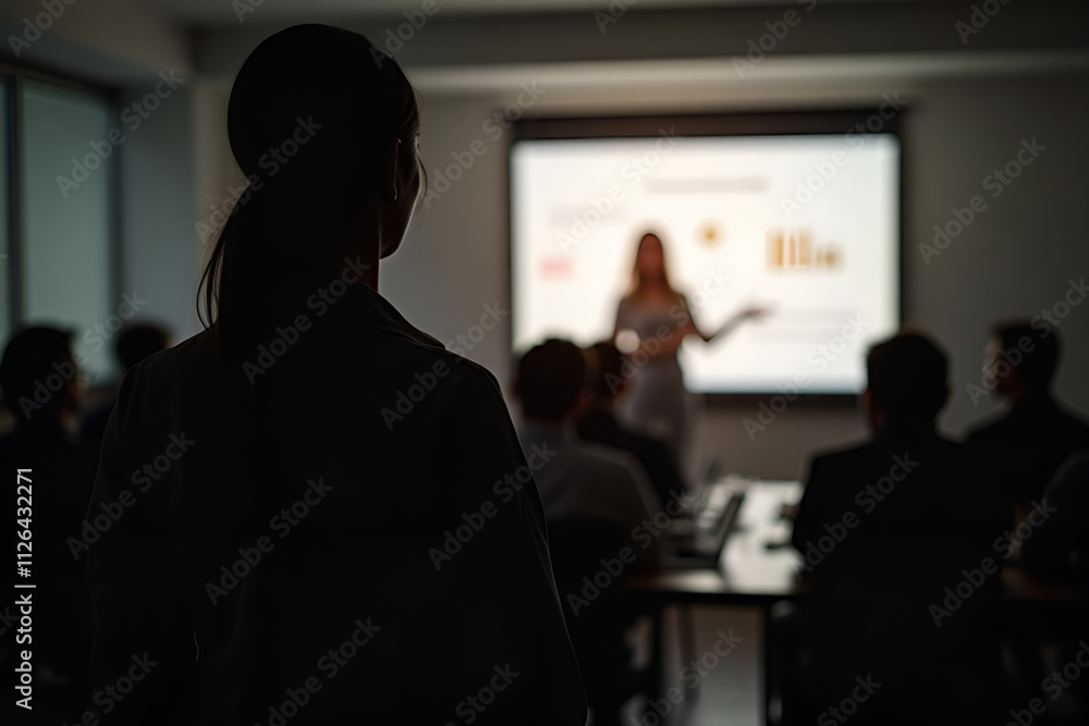 Attentive Professional Audience Member Observing Corporate Presentation in Dimly Lit Room Attentive Professional Audience Member Observing Corporate Presentation in Dimly Lit Room
