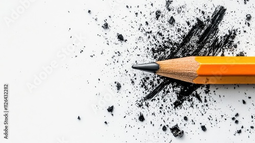 Yellow pencil with graphite shavings and smudges on a clean white background showcasing creative artistry and drawing tools photo