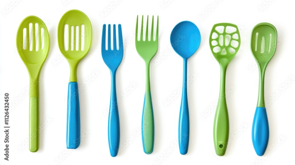 Colorful plastic kitchen utensils arranged neatly on a white background for modern cooking and dining design concepts. Colorful plastic kitchen utensils arranged neatly on a white background for modern cooking and dining design concepts.