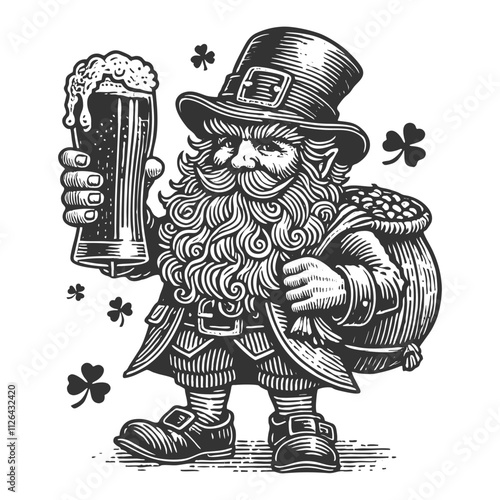 leprechaun holding a pint of beer with shamrocks and a pot of gold sketch engraving generative ai fictional character vector illustration. Scratch board imitation. Black and white image.