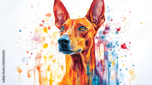 A Pharaoh Hound dog with rainbow-colored fur against a white background, showcasing a vibrant and unique representation of this breed, combining playful colors with the elegance and grace of the Phara photo