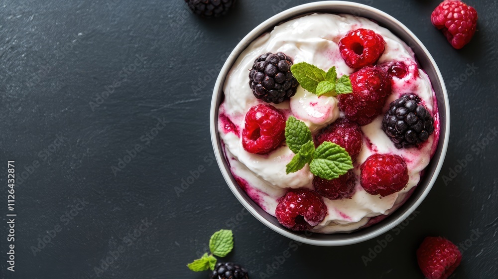 Fresh fruit yogurt parfait with berries and mint on dark stone background Fresh fruit yogurt parfait with berries and mint on dark stone background