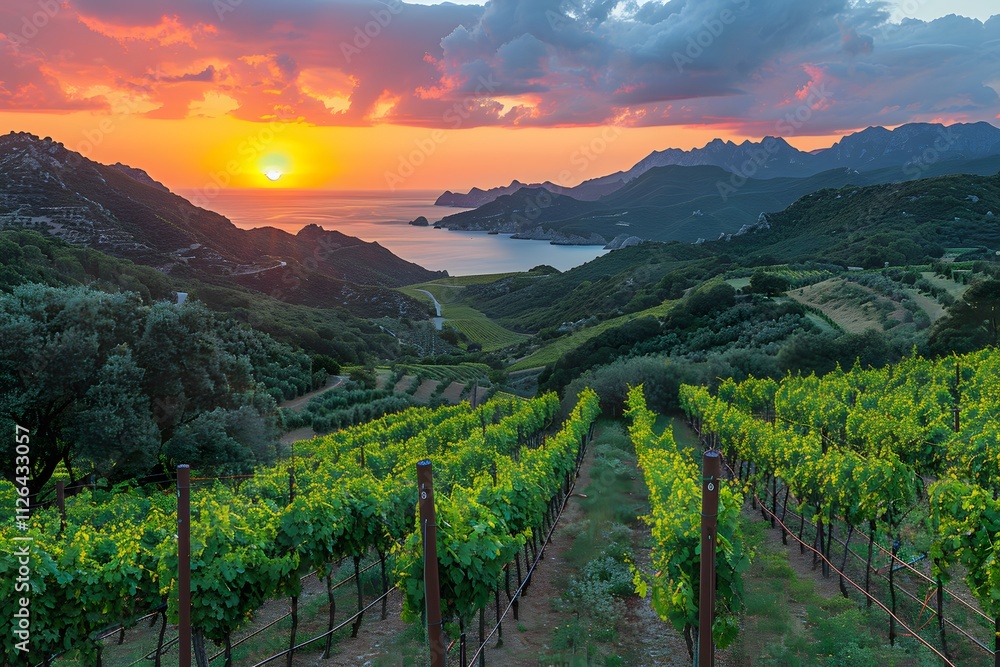 Naklejka premium Scenic Vineyard Landscape at Sunset over Coastal Hills and Ocean View