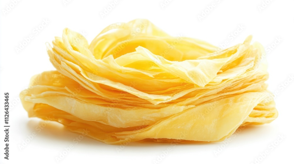 Flaky golden puff pastry layers stacked beautifully on a white background showcasing texture and detail for culinary presentations. Flaky golden puff pastry layers stacked beautifully on a white background showcasing texture and detail for culinary presentations.
