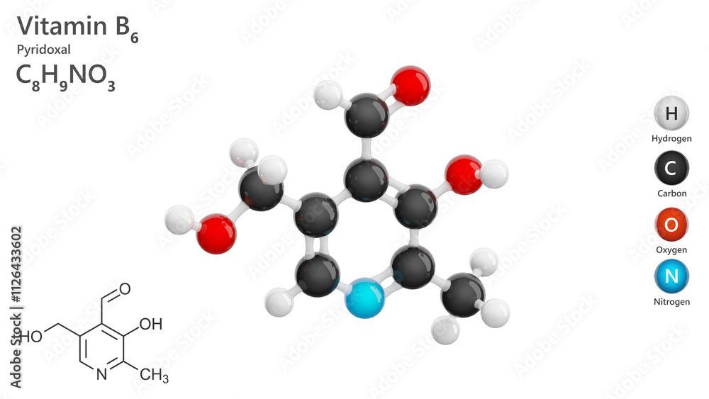 Pyridoxal or B6 vitamin. 3d model of molecule. Molecular formula: C8H9NO3. Chemical model: Ball and Stick. White background. 3d illustration Pyridoxal or B6 vitamin. 3d model of molecule. Molecular formula: C8H9NO3. Chemical model: Ball and Stick. White background. 3d illustration
