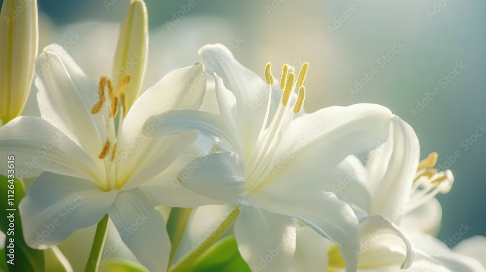 Obraz premium Close-up of delicate white flowers with vibrant yellow stamens, softly illuminated by natural light, highlighting petals and gentle textures, floral, nature, beauty, macro photography.