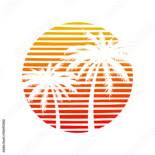 Logo vacaciones de verano. Palmeras con líneas. Banner con silueta de la palma en circunferencia en espacio negativo con líneas 