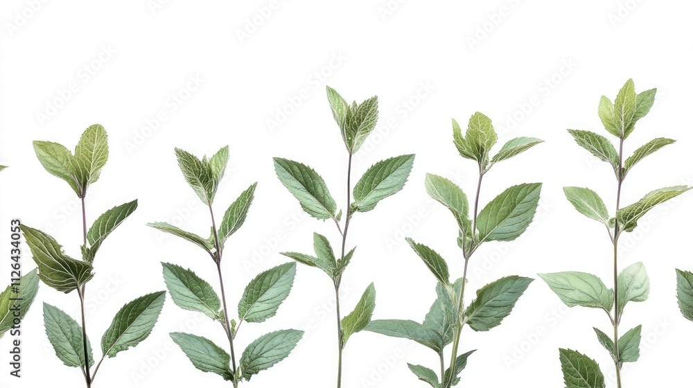 Salvia officinalis fresh leaves arranged in a row on a clean white background perfect for herbal and culinary themes Salvia officinalis fresh leaves arranged in a row on a clean white background perfect for herbal and culinary themes