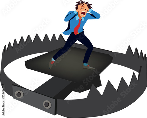 Businessman trapped in bear trap screaming and panicking