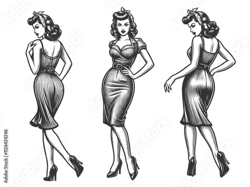 pin-up woman in tight dress three elegant poses, wearing a retro dress and heels sketch engraving generative ai vector illustration. Scratch board imitation. Black and white image.