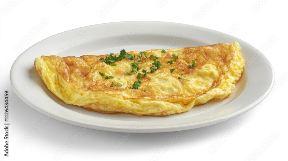 delicious fluffy omelet served on a white ceramic plate with fresh herbs garnishing delicious fluffy omelet served on a white ceramic plate with fresh herbs garnishing
