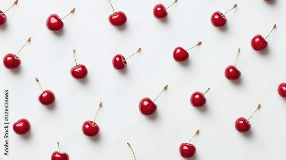 Scattered fresh red cherries on a clean white background showcasing vibrant color and delightful texture perfect for food-related designs. Scattered fresh red cherries on a clean white background showcasing vibrant color and delightful texture perfect for food-related designs.