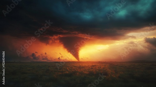 A tornado forming over a prairie at dusk, with the last light of day barely visible through the storm clouds