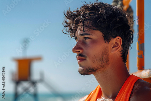 Generative AI Image of Lifeguard on Duty with Lifebuoy on Ocean Beach photo