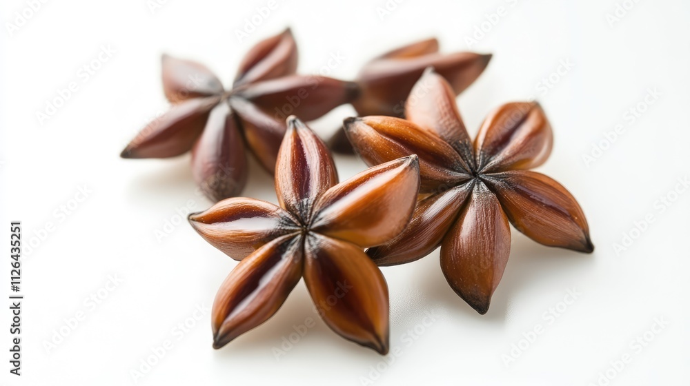 Selective focus on sacha inchi seeds displayed on a white background highlighting their unique star shape and natural colors. Selective focus on sacha inchi seeds displayed on a white background highlighting their unique star shape and natural colors.