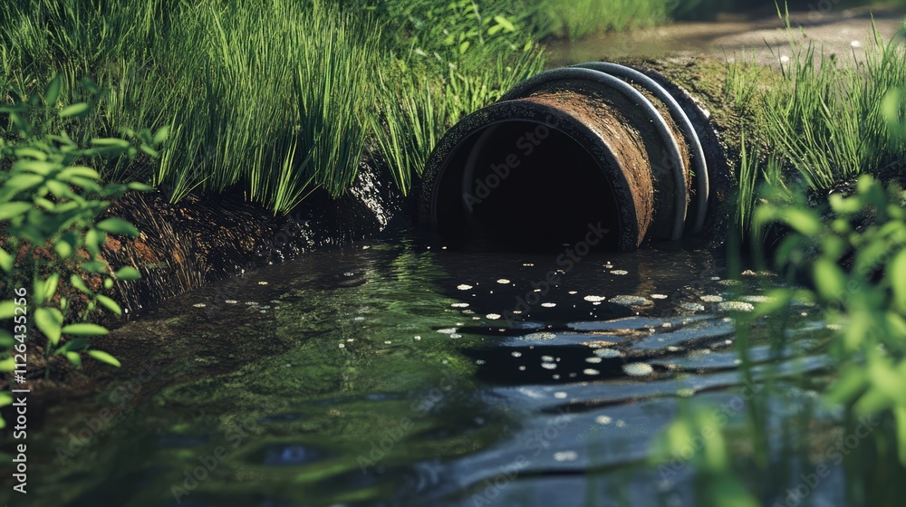 Sewage drain pipe discharging into a river surrounded by lush greenery showcasing environmental pollution and water management issues Sewage drain pipe discharging into a river surrounded by lush greenery showcasing environmental pollution and water management issues