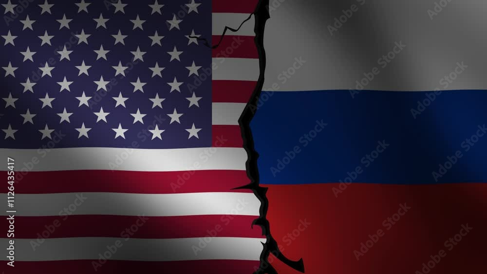 United States vs. Russia waving flag with clash line in the center, 4k animation. Conflict concept between Russia and USA United States vs. Russia waving flag with clash line in the center, 4k animation. Conflict concept between Russia and USA