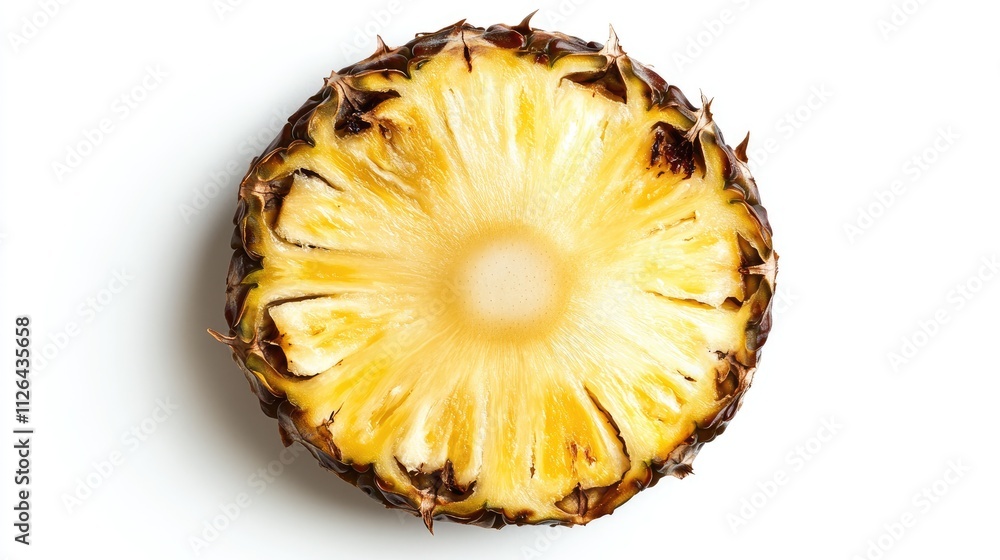Freshly cut slice of pineapple showcasing vibrant yellow flesh and textured brown rind on a clean white background. Freshly cut slice of pineapple showcasing vibrant yellow flesh and textured brown rind on a clean white background.