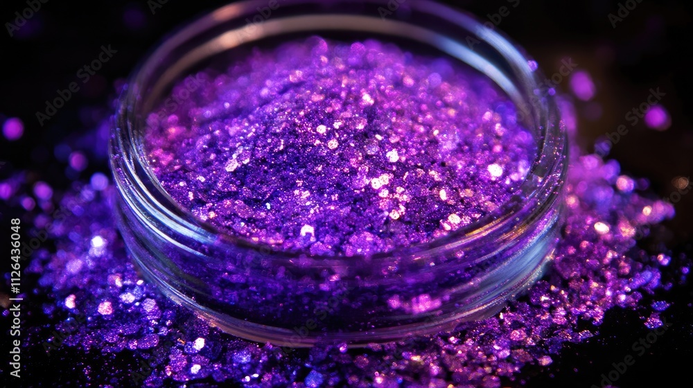 Purple glitter in a jar with vibrant reflections and soft focus highlighting its texture and sparkle against a dark background Purple glitter in a jar with vibrant reflections and soft focus highlighting its texture and sparkle against a dark background