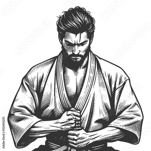 samurai warrior in traditional attire, holding katana upright in a calm and focused meditative stance sketch engraving generative ai vector illustration. Scratch board imitation. Black and white image