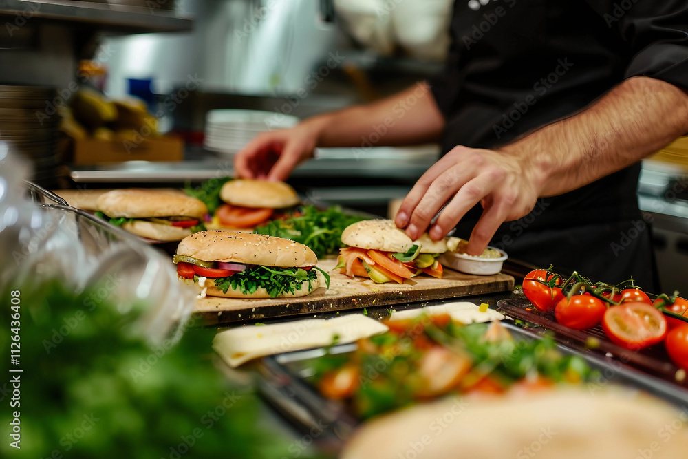 Generative AI Image of a Fast Food Chef in a Kitchen with a Focus on a Burger or fastfood eatery settings Generative AI Image of a Fast Food Chef in a Kitchen with a Focus on a Burger or fastfood eatery settings