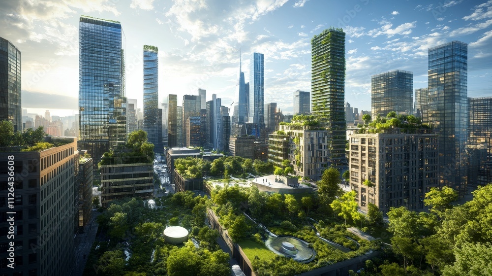 Fototapeta premium Green cityscape; skyscrapers, abundant foliage, sunny day.