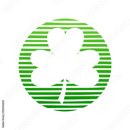 Día de San Patricio. Logo con silueta de trébol de tres hojas en espacio negativo en círculo con relleno de patrón de líneas horizontales
