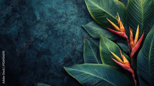 Tropical Heliconia Flowers Beautifully Arranged Against Dark Blue Green Leaves Textured Background