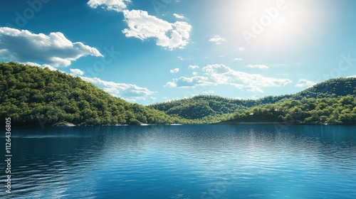 Serene mountain reservoir with clear waters under a vibrant blue sky and lush green hills reflecting in the calm surface.