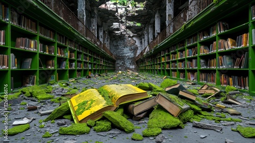 Abandoned library scene urban ruins digital art overgrown environment perspective of disarray decay and knowledge photo